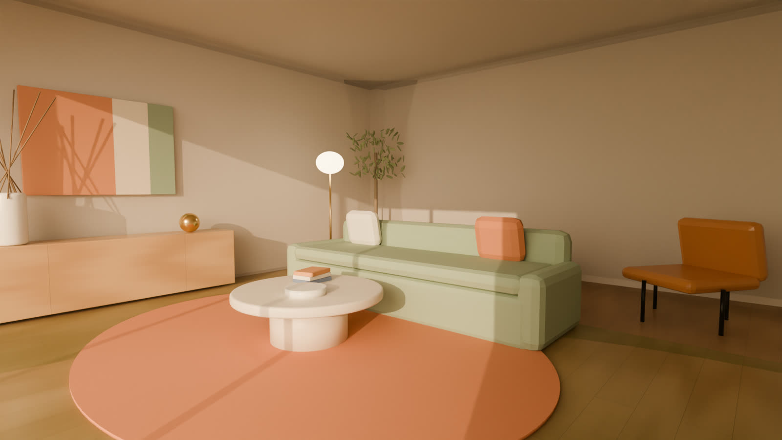 Living room with a sage sofa, terracotta rug and low sun on the wall, 3D render