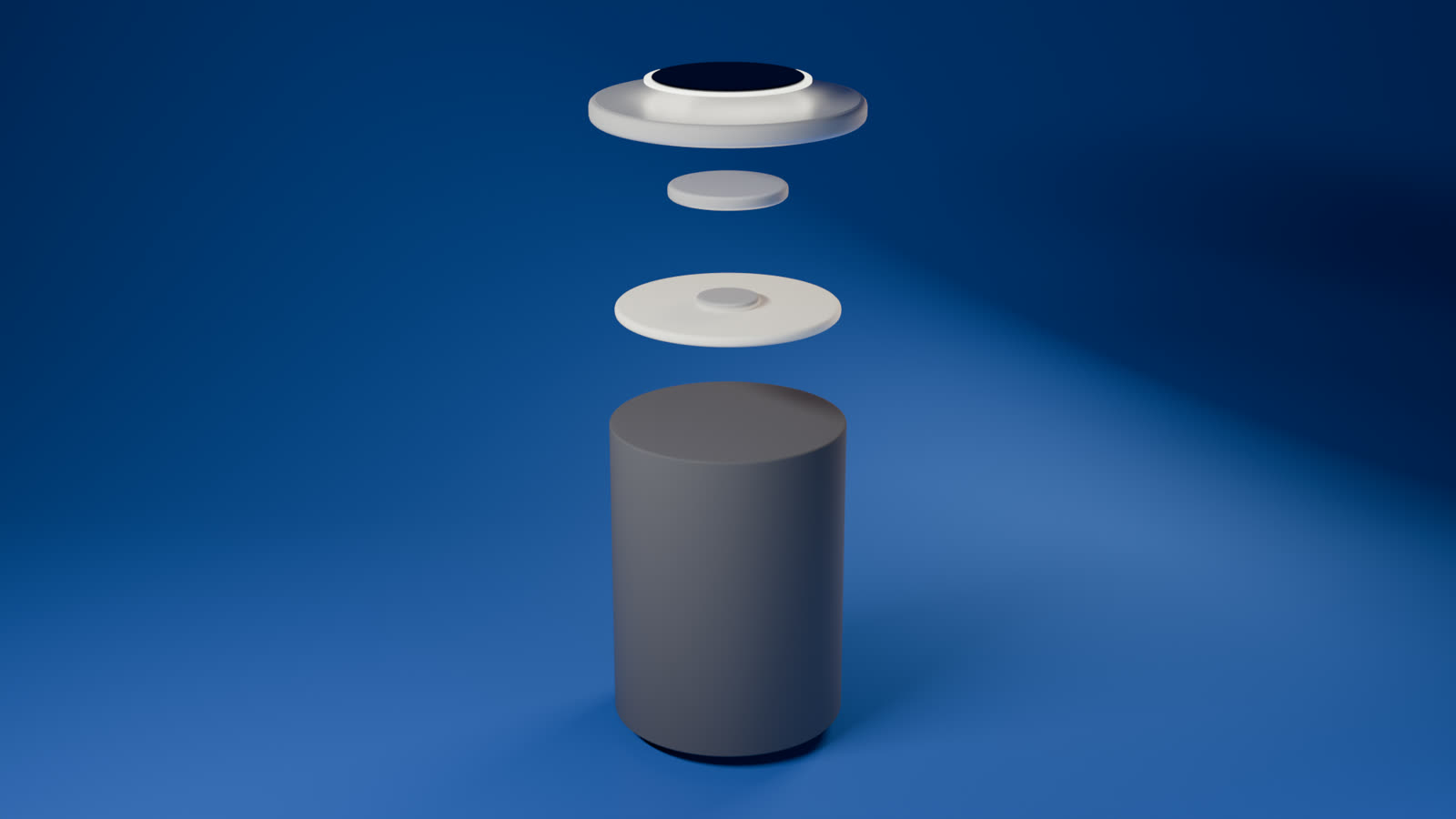 Wireless speaker split into its parts on a blue backdrop, 3D render
