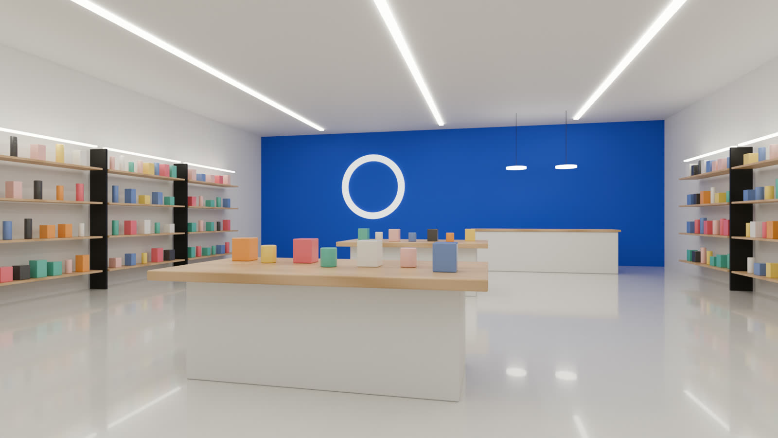 Retail store with oak shelves, colorful products and a cobalt feature wall, 3D render