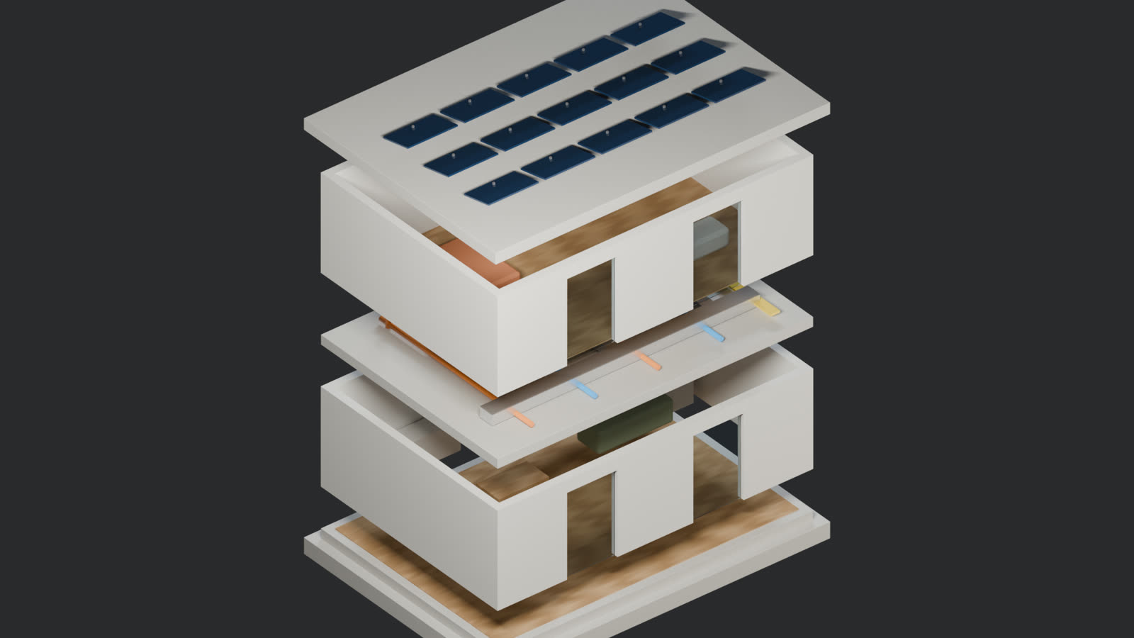 Exploded section of a two-storey building showing roof, solar panels, services and floors, 3D render