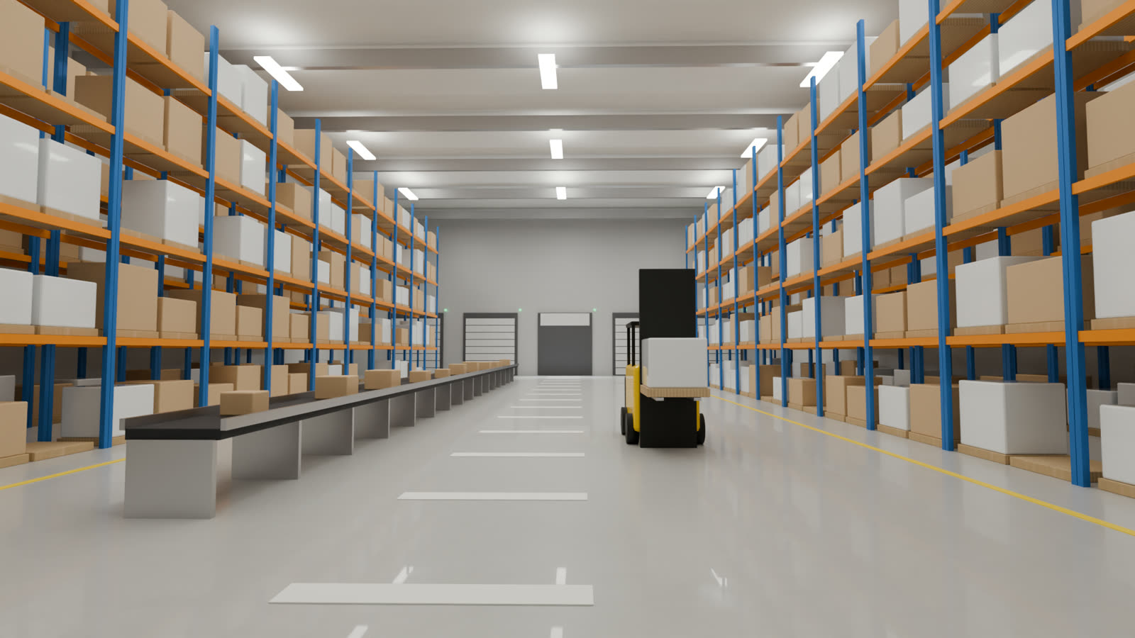 High-bay warehouse with pallet racking, a conveyor line and a forklift, 3D render